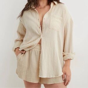 Aerie Womens Pool to Party Gauzy Muslin Oversized Coverup Top - Tan, Beige